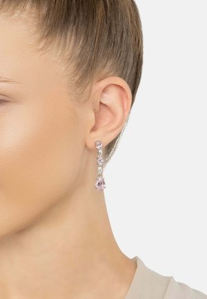 Dangling earrings featuring a silver-tone finish with pink and clear gemstones, showcasing a linear design and multiple facets.