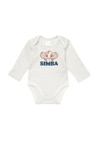Long-sleeve white and beige striped baby bodysuit with Simba cartoon face and text "SIMBA" in blue on front.