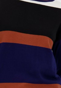 Trui met brede horizontale strepen in zwart, roestoranje en donkerblauw, toont de bovenste torso en een deel van de arm.