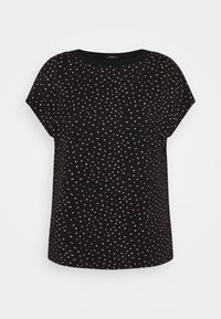 Top negro de manga corta con un patrón de puntos dispersos en durazno y blanco. Tejido suave con un corte relajado y cuello redondo.