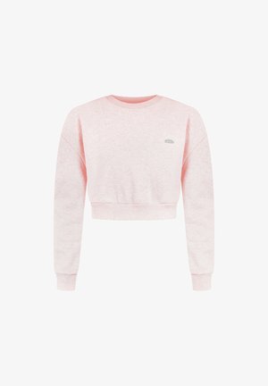 Sweatshirt court rose clair, à manches longues et avec des poignets côtelés. Présente un petit logo sur la poitrine gauche. Fabriqué en tissu doux et texturé.