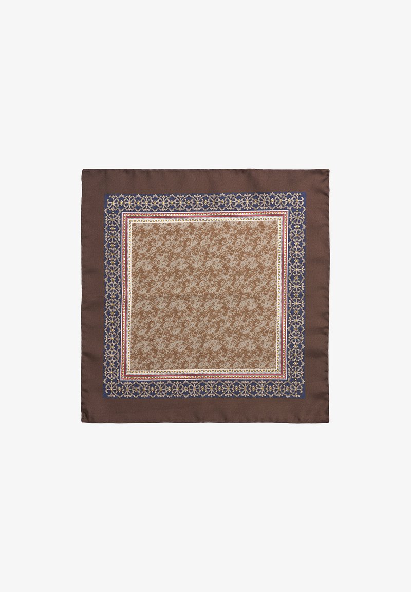 Sciarpa di seta marrone con un bordo decorativo blu e oro, con un motivo centrale a tessuto houndstooth marrone chiaro.