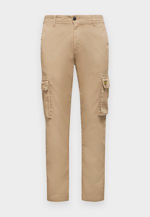 Pantaloni cargo beige in cotone con design a gamba dritta, dotati di due tasche laterali e una piccola etichetta con logo vicino alla tasca destra.