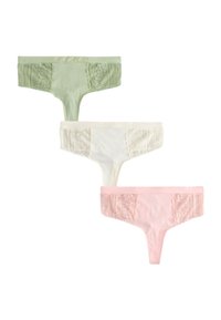Trois paires de strings ornés de dentelle dans des couleurs pastel : vert, blanc et rose. Elles possèdent un tissu doux et des accents de dentelle sur les côtés.