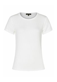 Weißes T-Shirt mit kurzen Ärmeln aus strukturiertem Stoff, mit rundem Halsausschnitt und klassischer Passform. Einfaches Design ohne zusätzliche Akzente.