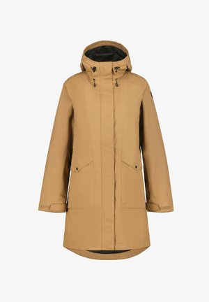 Beige vattentät jacka med huva, två framfickor, rak passform och svart innerfoder. Har justerbara snoddar i huvan.