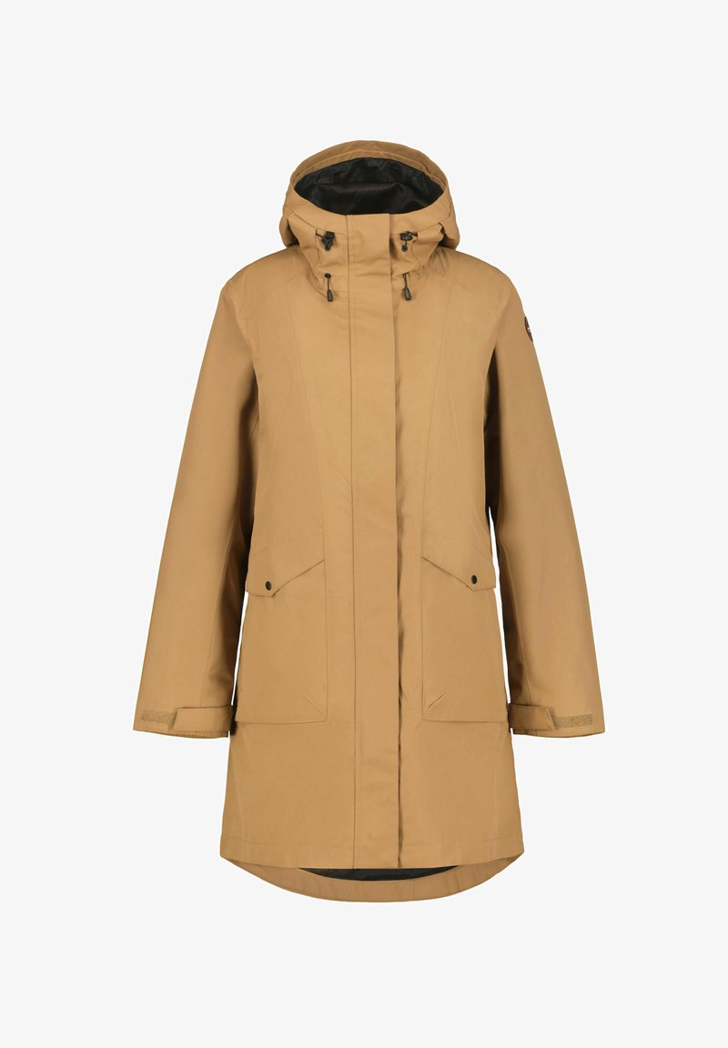Giacca impermeabile color tan con cappuccio, due tasche frontali, taglio dritto e fodera interna nera. Presenta cordini regolabili sul cappuccio.