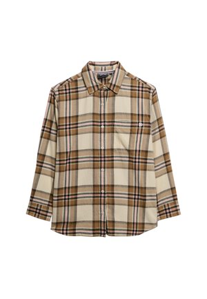 Brown and beige plaid shirt with long sleeves, button closure, and a chest pocket. Made from a soft fabric with varied stripe patterns.