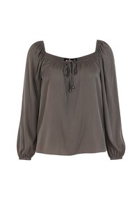 Bluzka z długim rękawem w kolorze oliwkowym, z kwadratowym dekoltem, elastycznymi mankietami i detalem w postaci wiązania z przodu. Miękka tkanina o gładkiej strukturze.