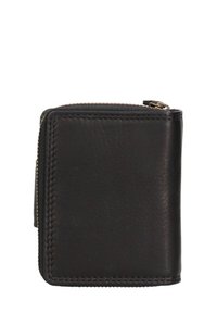 Zwart leren portemonnee met een rechthoekige vorm, ritsluiting en zichtbare stiksels. Glad textuur met een minimalistisch ontwerp.