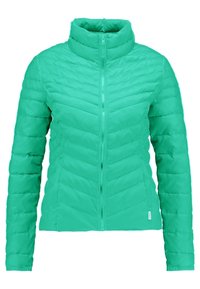 Veste matelassée légère verte avec col montant, fermeture éclair intégrale sur le devant et manches longues, conçue pour un usage décontracté.