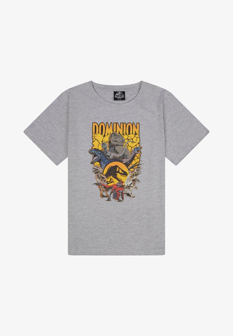 Camiseta de algodón gris con un gráfico colorido de dinosaurio, con el texto "DOMINION" y múltiples ilustraciones de dinosaurios sobre un fondo amarillo.