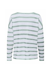 Chemise à manches longues présentant une vue de dos avec des rayures horizontales grises et vertes atténuées, fabriquée en tissu doux, avec un col rond.