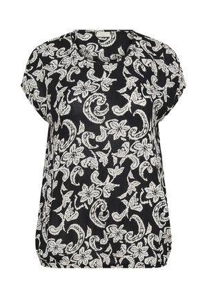 Schwarze kurzärmelige Bluse mit weißem Blumen- und Paisley-Muster, rundem Ausschnitt und leicht gerafftem Saum für eine lockere Passform.