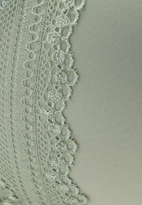 Svijetlozelena tkanina s delikatnim čipkastim rubom s cvjetnim uzorkom duž jednog ruba, naglašavajući teksturu i složene detalje.