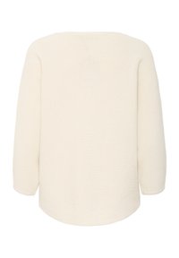 Pull en tricot couleur crème à manches longues avec un ourlet arrondi et un motif côtelé texturé, vu de dos.