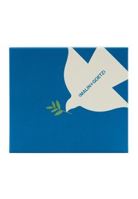 Blaues rechteckiges Kästchen mit einer weißen Taube und einem grünen Olivenzweig. Text lautet „(MALIN+GOETZ)“. Glatte Textur und minimalistisches Design.