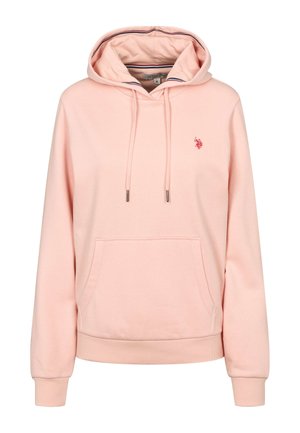 Hanorac roz deschis din amestec de bumbac. Dispune de un buzunar frontal, șnururi reglabile și un logo mic pe piept. Textură moale.