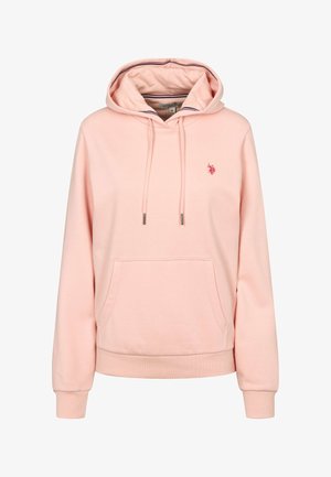 Lichtroze hoodie gemaakt van een katoenmix. Voorzien van een voorzak, verstelbare trekkoorden en een klein logo op de borst. Zachte textuur.