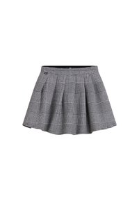 Falda plisada a cuadros en blanco y negro con una cinturilla ajustada. El diseño cuenta con alternancia de cuadros grandes y pequeños, añadiendo textura y profundidad.