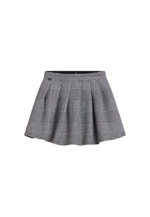 Falda plisada a cuadros en blanco y negro con una cinturilla ajustada. El diseño cuenta con alternancia de cuadros grandes y pequeños, añadiendo textura y profundidad.