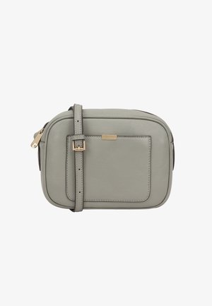 Gray leather crossbody bag with a gold-tone logo, rectangular shape, adjustable strap, and a front pocket. Smooth texture with precise stitching.