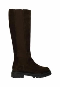 Braune kniehohe Wildlederstiefel mit elastischen Seitenteilen, einer strukturierten Oberfläche und einer robusten schwarzen Gummisohle.