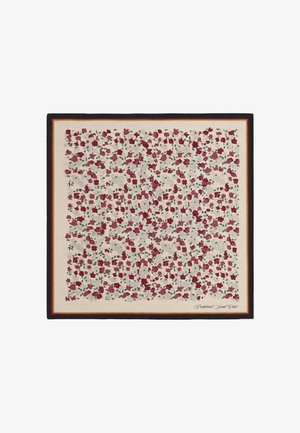 Kwadratowy szal z kwiecistym wzorem w czerwonych, różowych i zielonych akcentach na kremowym tle, otoczony czarną i czerwoną ramką.