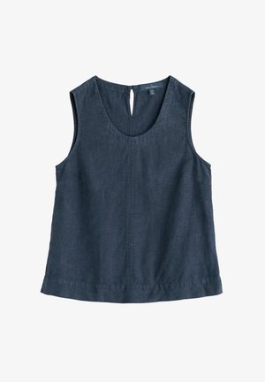 Námořnická modrá bezramínková halenka vyrobená z lnu, s kulatým výstřihem, detailem v zadní části ve tvaru klíčové dírky a minimálním švem, bez kapes.