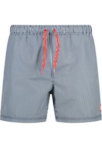 Marineblaue und weiße gestreifte Badehose mit elastischem Bund, orangefarbenem Kordelzug und seitlichem Logo-Patch. Glattes, leichtes Material.