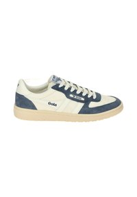 Gola sneakers featuring a cream leather upper with navy suede accents, classic lacing, and a textured rubber sole. Embossed logo on the side.