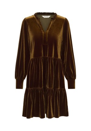 Abito in velluto marrone con scollatura a V, colletto arricciato e maniche lunghe. Vestibilità svasata con gonna a strati e polsini elasticizzati.