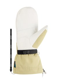 Mitten with a white leather top and yellow fabric bottom, featuring a black fastening strap and elastic cuff for secure fit.