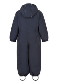 Overol acolchado azul marino con capucha, puños elásticos y correas para los pies. Cuenta con costuras grises y un ajuste suelto y cómodo.