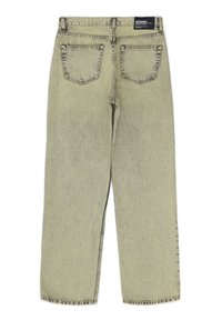 Ljusgröna denimjeans med rak passform, som har fem fickor och en klassisk knapp- och dragkedjestängning. Synlig sliten textur.