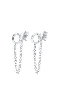 Pendientes de plata con un diseño de flor, un stud circular y una cadena enlazada. Hechos de plata esterlina 925, con textura suave.
