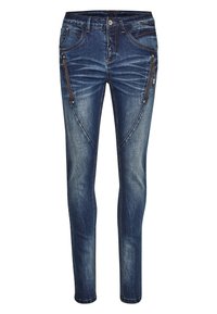 Jean denim skinny fit bleu foncé, avec poches avant zippées, un léger délavage et des coutures contrastées. Taille mi-haute.