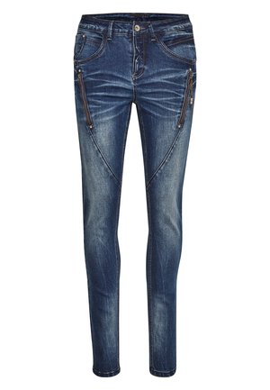 Jean denim skinny fit bleu foncé, avec poches avant zippées, un léger délavage et des coutures contrastées. Taille mi-haute.