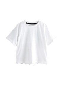 Witte katoenen T-shirt met korte mouwen, voorzien van een ronde hals en geperst merkembleem op de voorkant met een golvende zoom.