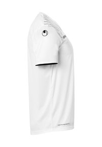 T-shirt de sport blanc à manches courtes, avec un motif graphique noir sur le haut et un accent noir au niveau de l'ourlet des manches.