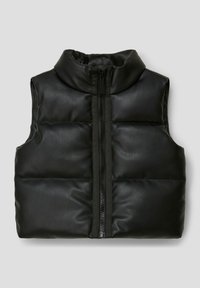 Black sleeveless puffer vest made from synthetic leather, featuring a high collar and front zipper. Smooth texture with quilted pattern.