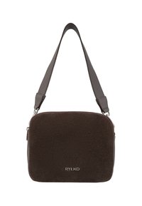 Brown suede rectangular crossbody bag with a textured surface, featuring a gray strap and silver-tone hardware. Logo appears on the front.