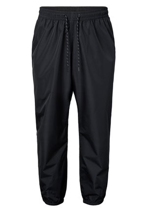 Black athletic pants made of lightweight, smooth fabric. Features an elastic waistband with adjustable drawstrings and tapered ankles.