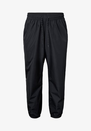 Pantalones deportivos negros hechos de una tela ligera y suave. Presentan una cintura elástica con cordones ajustables y tobillos ajustados.