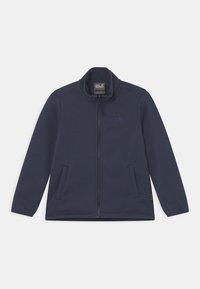 Giacca in pile blu navy con chiusura a zip, colletto alto, due tasche frontali e un logo discreto. Morbida texture e vestibilità non restrittiva.