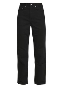 Jeans de denim preto com um design de perna reta, apresentando cinco bolsos, acabamentos em prata e um acabamento limpo. O material tem uma textura suave.