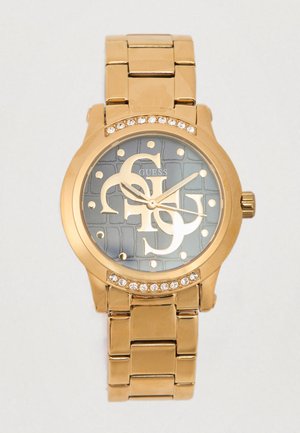 Reloj analógico en tono dorado con esfera gris texturizada. Presenta un gran logotipo, detalles de cristales alrededor del bisel y una pulsera de eslabones metálicos.