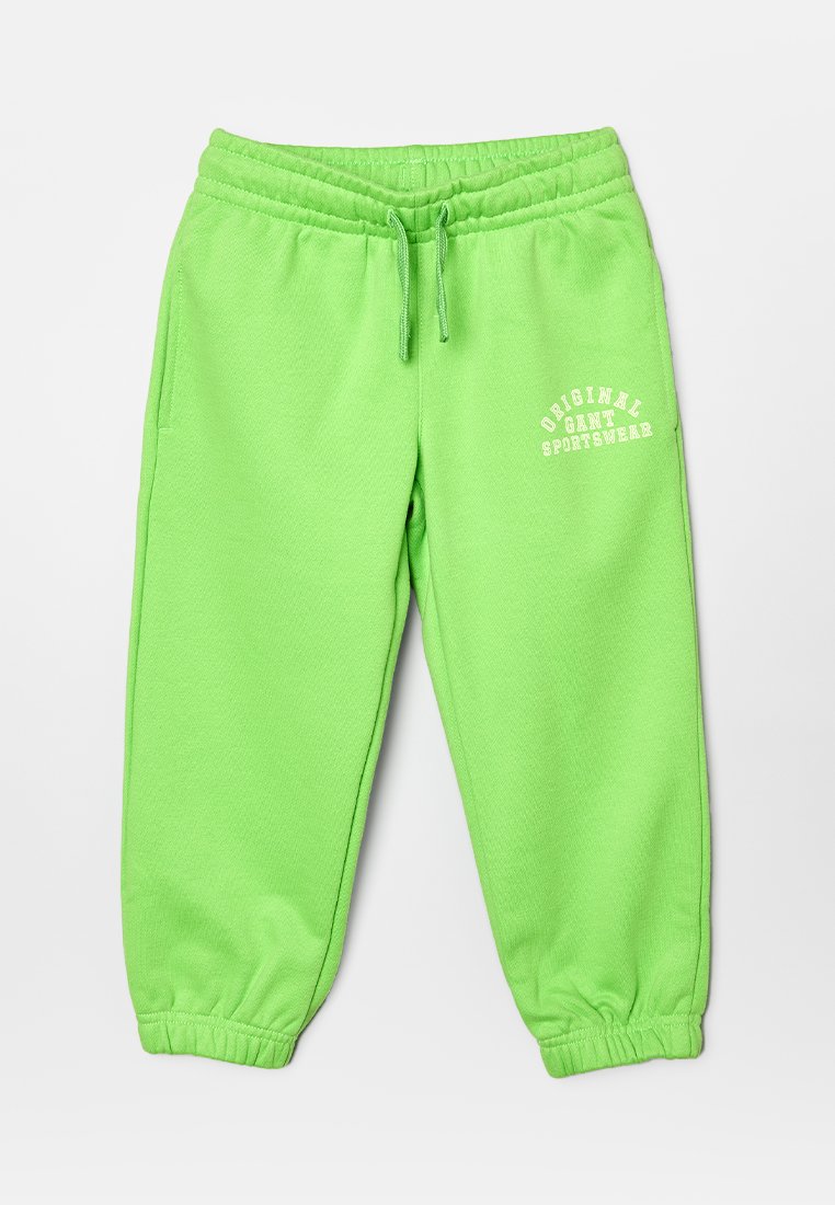 Green sweatpants with elastic waistband and drawstring. Side pockets, tapered cuffs, and white text reading "Original GANT Sportswear."