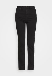 Jeans negros con un ajuste slim, diseño de cinco bolsillos, cierre frontal de botón y ligero estiramiento. Fabricados con una mezcla de algodón con una textura suave.