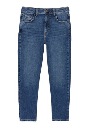 Blå denimjeans med høj talje, forreste knap, lynlåslukning og fem-lomme design, lagt fladt på en hvid baggrund.